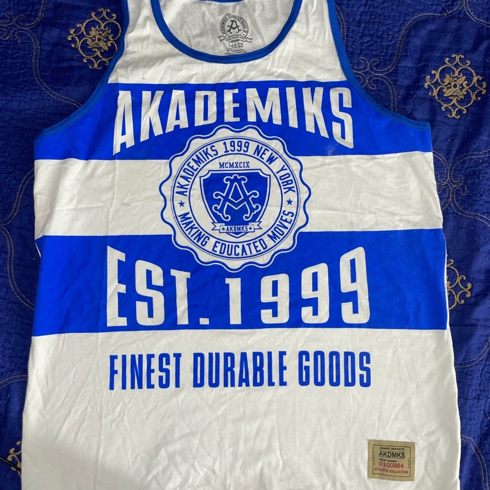 Akademiks Blue and White Graphic Tank